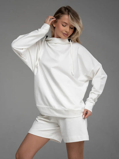 Damen Hoodie Set mit Kängurutasche und Shorts Baumwolle Beige