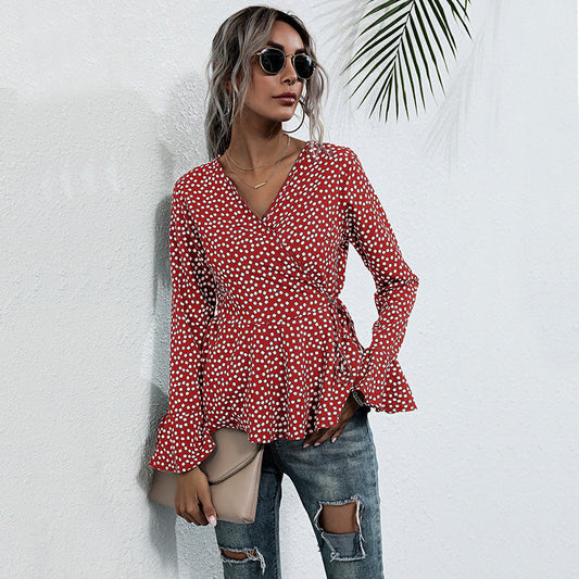 Damen Wickelbluse Voluminöse Flügelärmel Punktemuster Schwarz - Eveloria