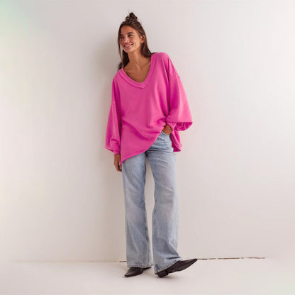 Damen Oversized Sweatshirt V-Ausschnitt Lässiger Schnitt Beige - Eveloria