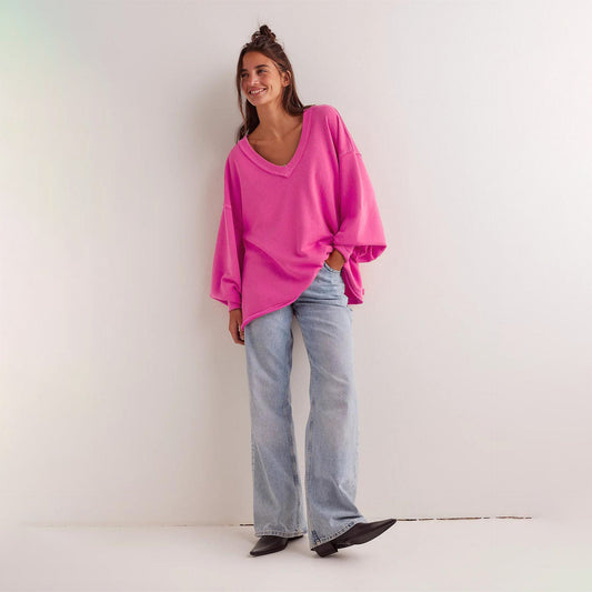 Damen Oversized Sweatshirt V-Ausschnitt Lässiger Schnitt Beige - Eveloria