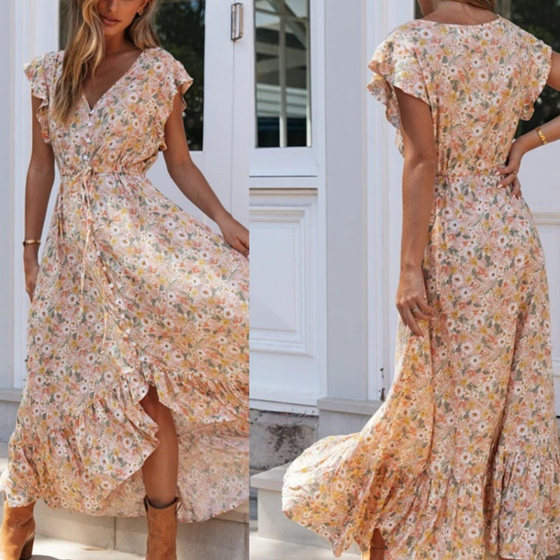 Damen Maxikleid Blumendruck Rüschendetails Eveloria