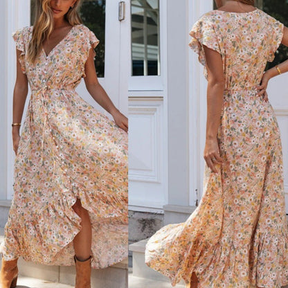 Damen Maxikleid Blumendruck Rüschendetails Eveloria