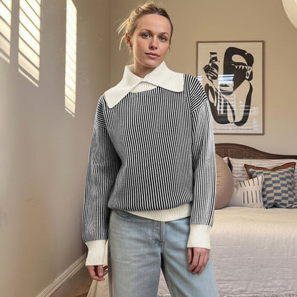 Damen Pullover Streifenmuster Eleganter Kragen Eveloria