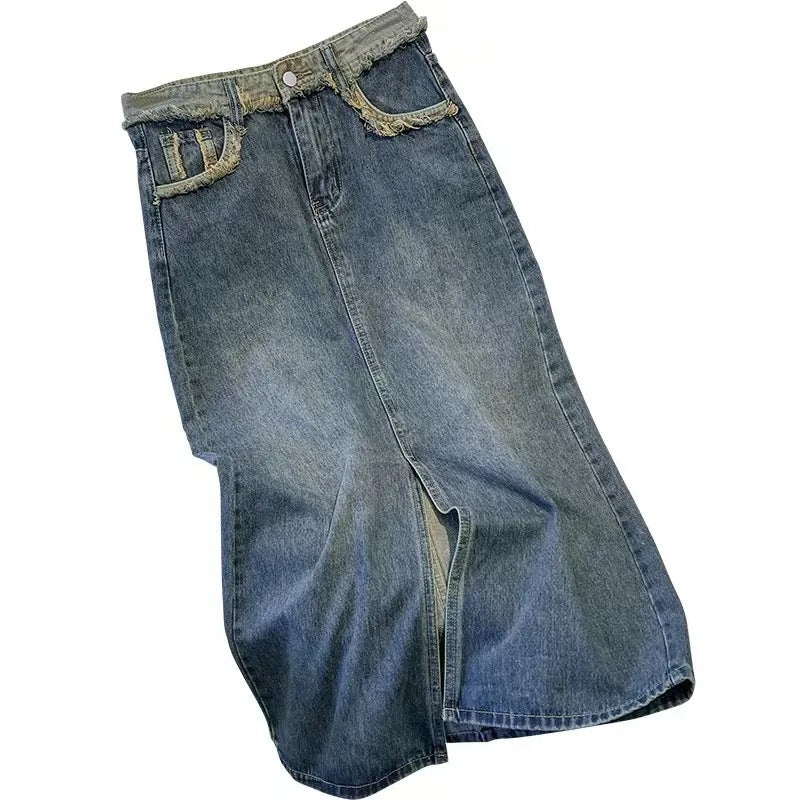Damen Denim-Midi-Rock mit Frontschlitz Blau