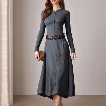 Damen Elegantes Midi-Kleid Knopfleiste Kontrastdetails