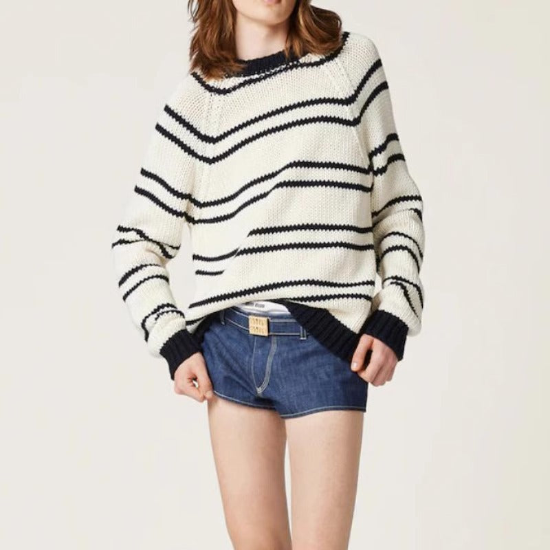 Damen Streifenpullover Grobstrick Schwarzweiß Eveloria - Eveloria
