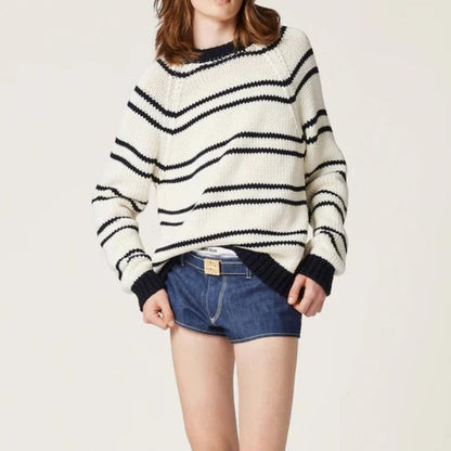 Damen Streifenpullover Grobstrick Schwarzweiß Eveloria - Eveloria