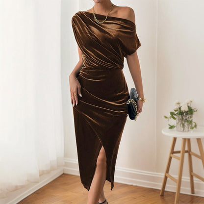 Damen Maxikleid Schulterfrei Samt Eveloria