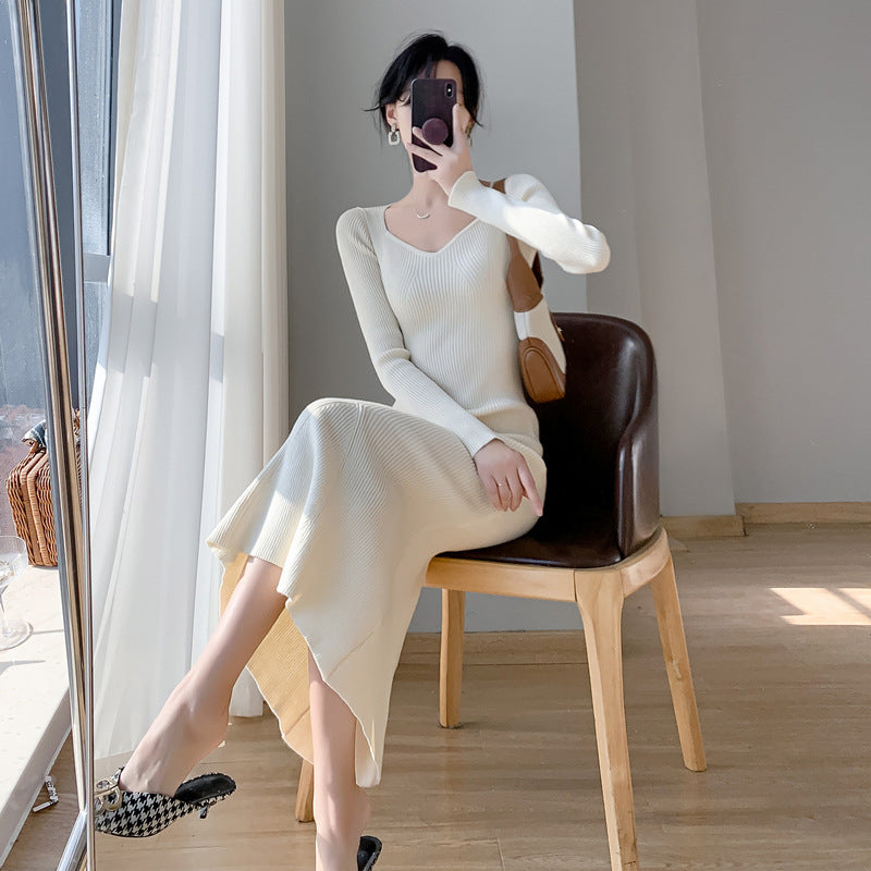 Damen Strickkleid V-Ausschnitt Elegantes Design