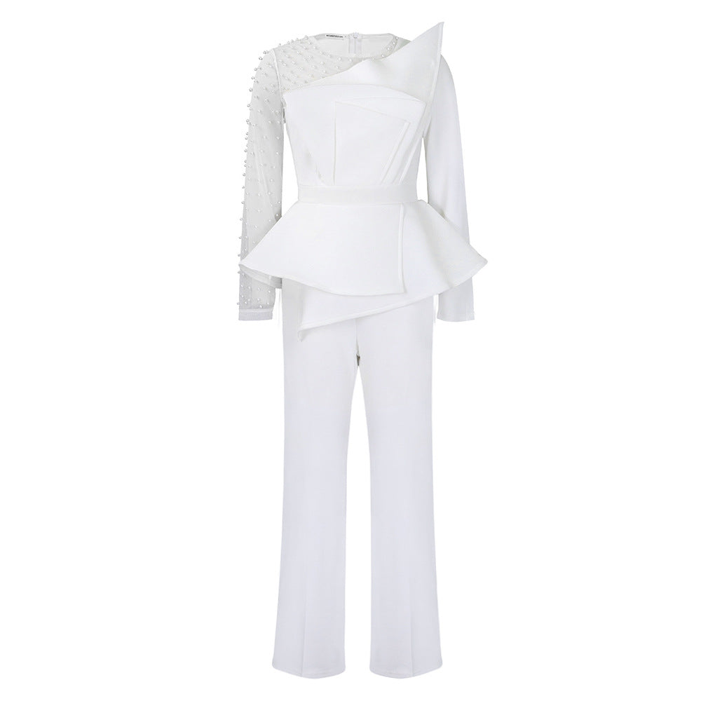 Damen Jumpsuit Asymmetrisch Perlendetails Eveloria