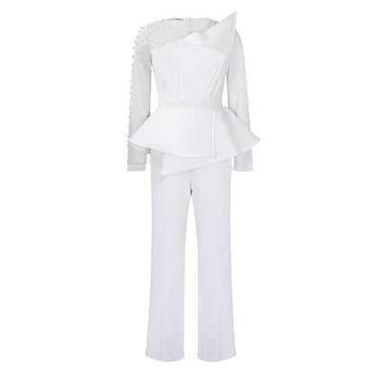 Damen Jumpsuit Asymmetrisch Perlendetails Eveloria