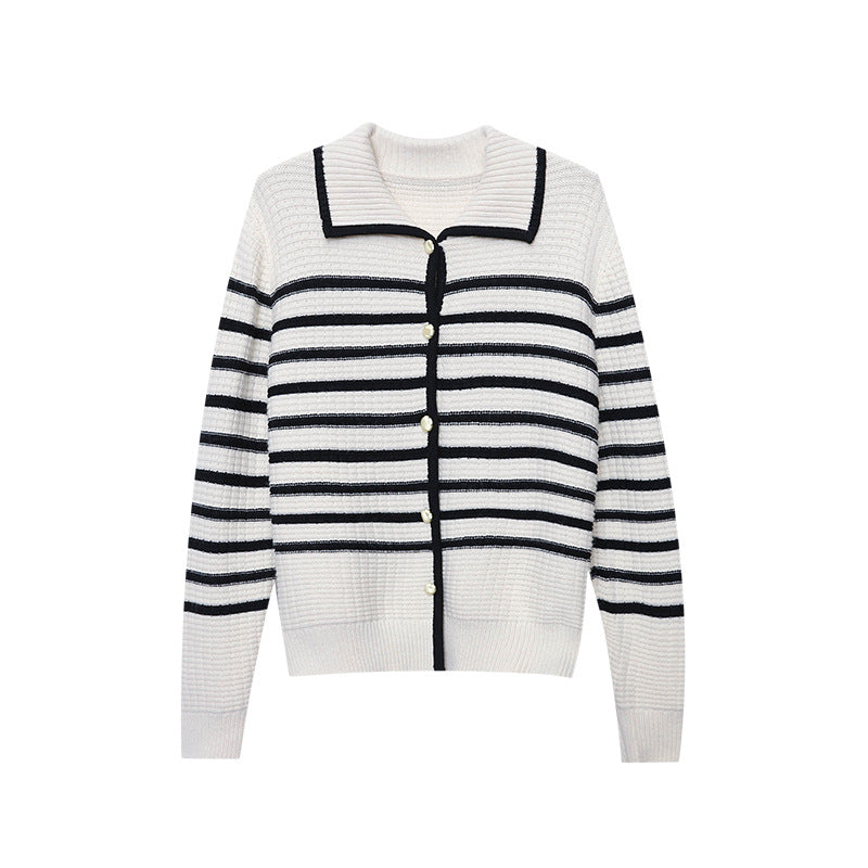 Damen Strickjacke Gestreift mit Druckknöpfen Lässig Beige