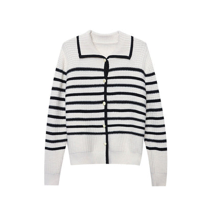 Damen Strickjacke Gestreift mit Druckknöpfen Lässig Beige