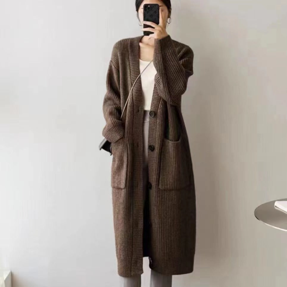 Damen Strickcardigan Groß Knöpfe Taschen Beige - Eveloria