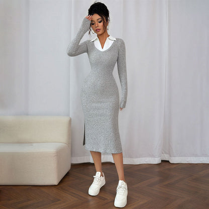 Damen Langarmkleid Figurbetont Polo-Kragen