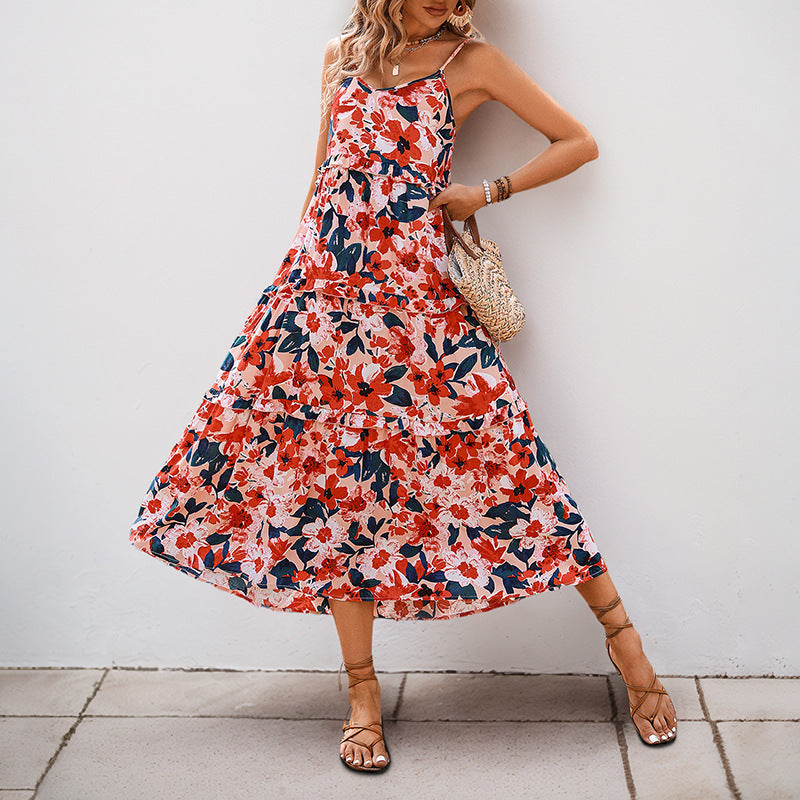 Damen Maxikleid Florale Rüschen Spaghettiträger Eveloria
