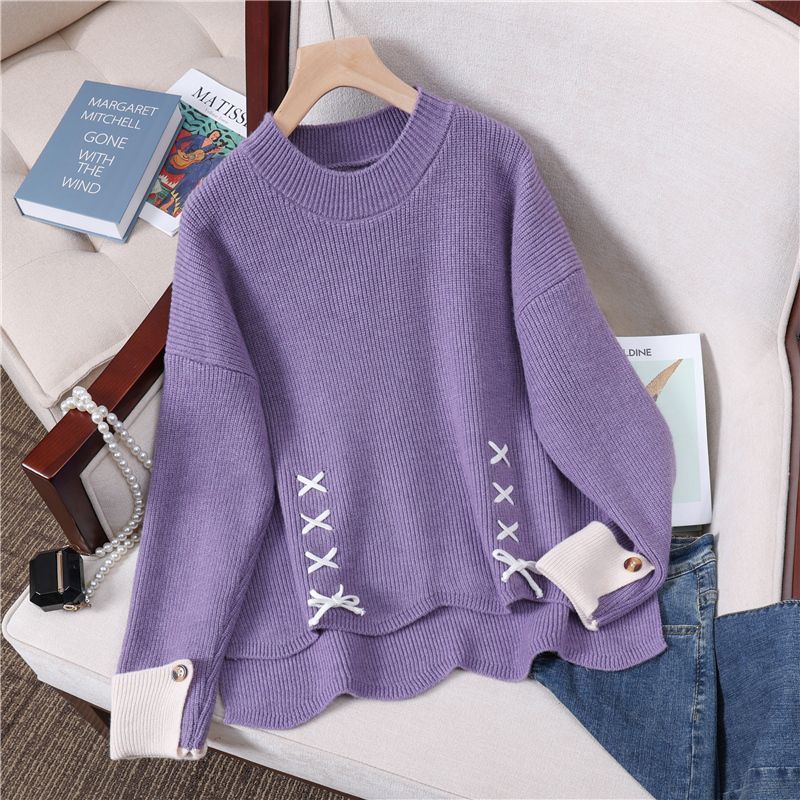 Damen Grobstrickpullover Schnürdetails Eveloria