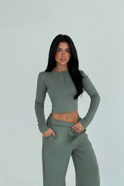 Damen Cropped und weite Hose mit Knöpfen