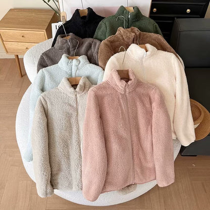 Damen Fleecejacke Flauschig Reißverschluss Hochkragen Schwarz Eveloria - Eveloria