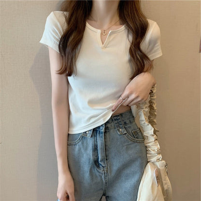 Damen T-Shirt Cropped Baumwolle Figurbetont Dunkelblau