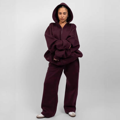 Damen Fleece Hoodie Jogginghose Set mit Reißverschluss und Taschen