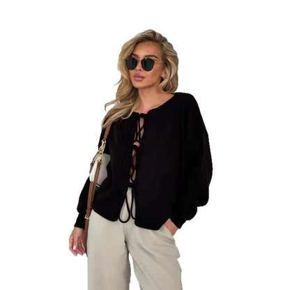 Damen Strickpullover Lässig Schnürdetails Beige