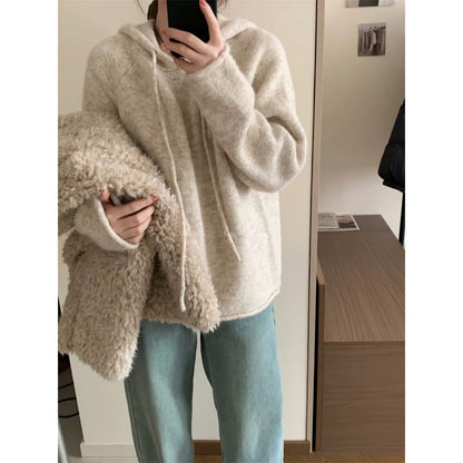 Damen Hoodie Weiches Fleece Kängurutasche Beige