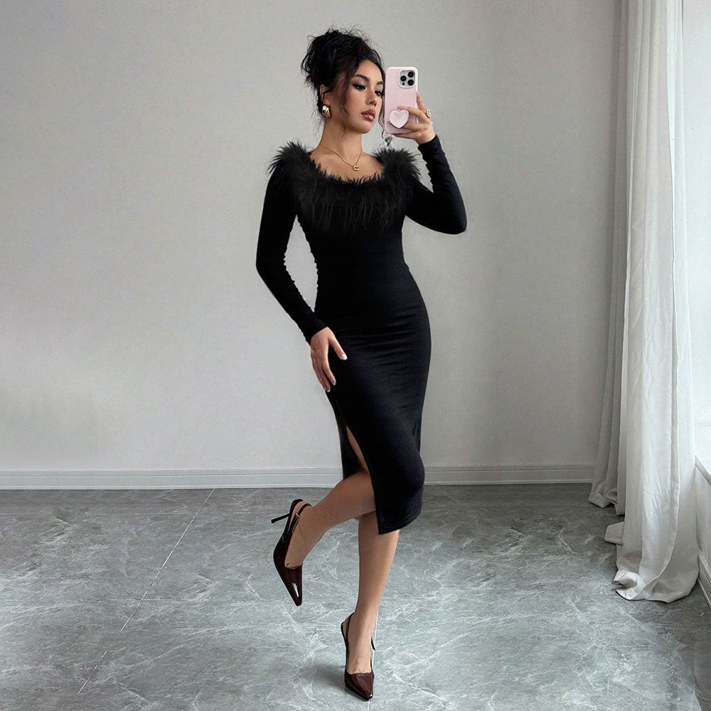 Damen Midi-Kleid Federverzierung Seiten-Schlitz Eveloria