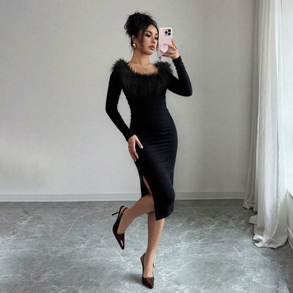 Damen Midi-Kleid Federverzierung Seiten-Schlitz Eveloria