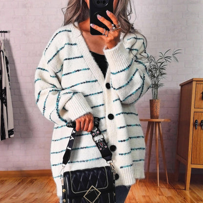 Damen Strickjacke Kuschelig Kontraststreifen Eveloria