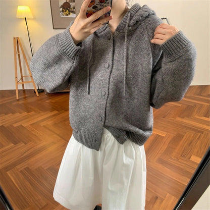 Damen Oversized Cardigan mit Kapuze und Knöpfen Kuschelig Grau