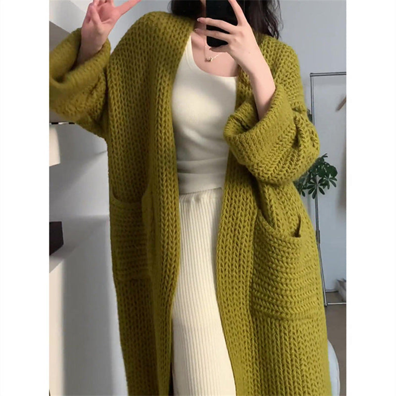 Damen Longcardigan Praktisch Mit Taschen und Zopfmuster Beige