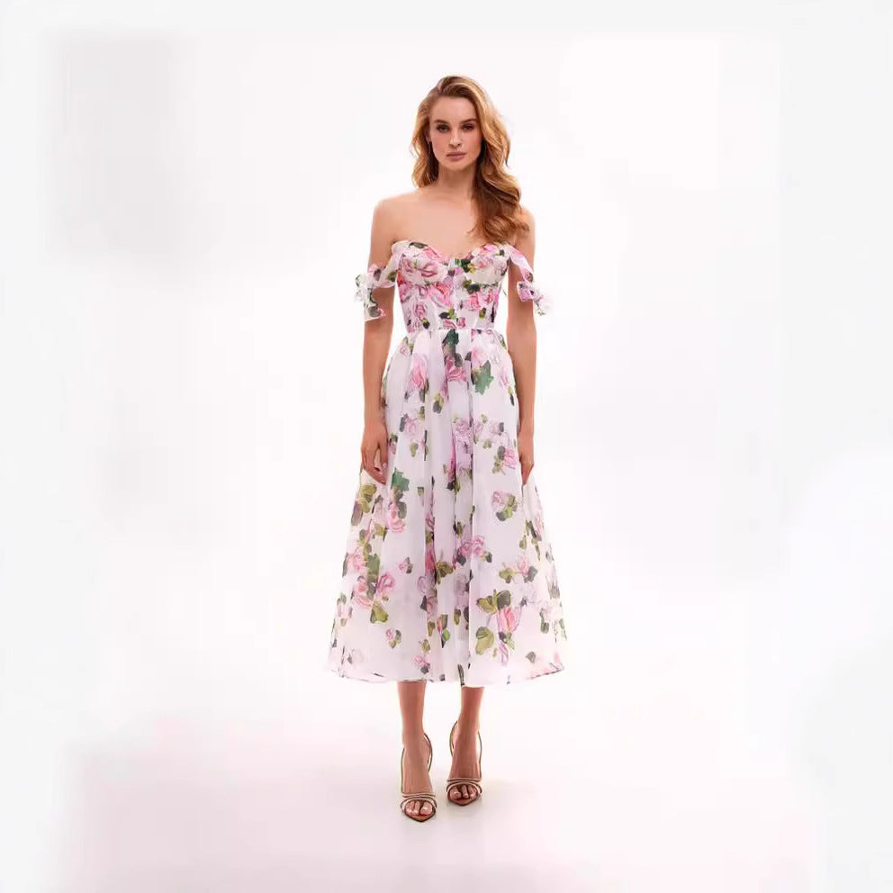 Damen Schulterfreies Blumenkleid Eveloria