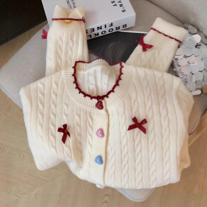 Damen Grobstrick Cardigan mit Knöpfen und Schleifen Beige