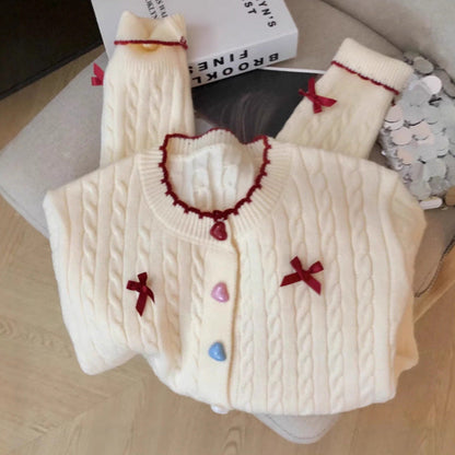 Damen Grobstrick Cardigan mit Knöpfen und Schleifen Beige