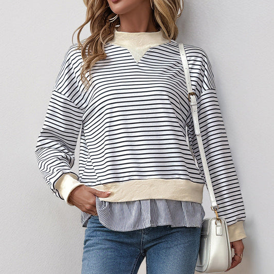 Damen Sweatshirt Asymmetrisches Streifenmuster Rüschenabschluss - Eveloria