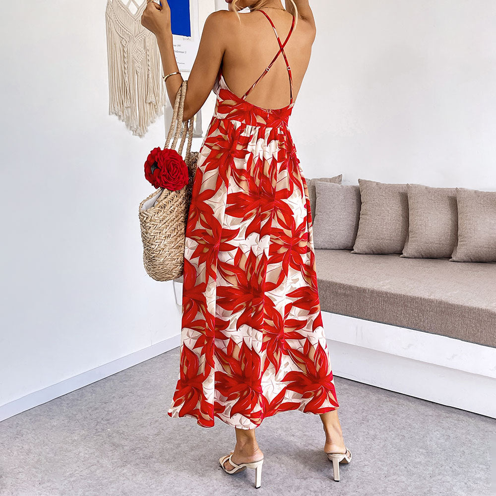 Damen Maxikleid Floralmuster Feine Spaghettiträger Eveloria