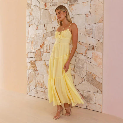 Damen Maxikleid Boho-Stil verstellbare Träger Volumöser Rock Eveloria