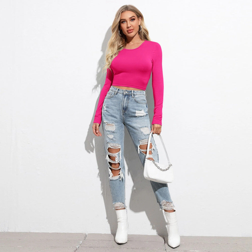 Damen Cropped Langarmshirt Rippstruktur Elegantes Design