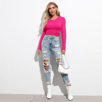 Damen Cropped Langarmshirt Rippstruktur Elegantes Design