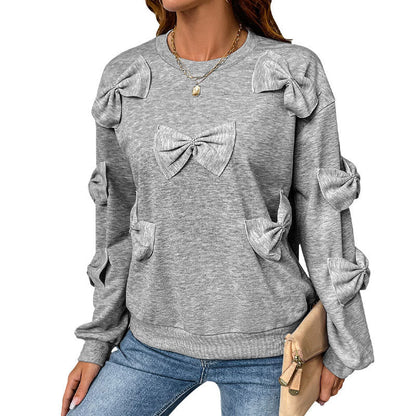 Damen Sweatshirt Lässiger Schnitt Verspielte Schleifen Details Grau