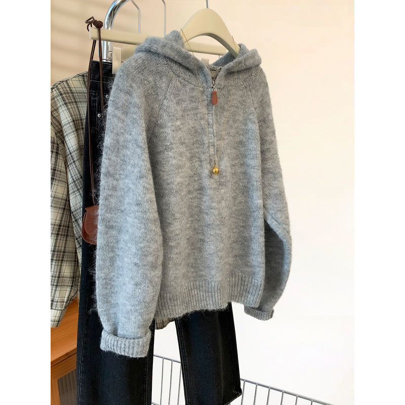 Damen Hoodie Kuschelig Halbzipp Reißverschluss Kängurutasche Grau