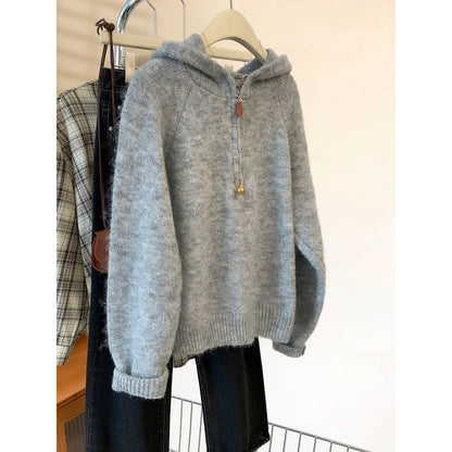 Damen Hoodie Kuschelig Halbzipp Reißverschluss Kängurutasche Grau
