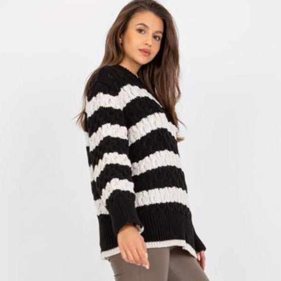 Damen Strickpullover Gestreift Voluminöse Ärmel weiß