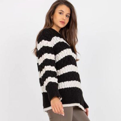 Damen Strickpullover Gestreift Voluminöse Ärmel weiß