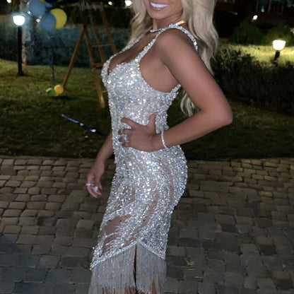 Damen Pailletten-Kleid mit Fransenbesatz Schimmernd