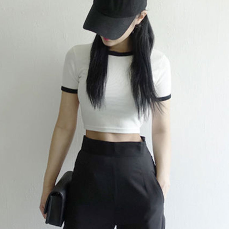 Damen T-Shirt Cropped Baumwolle Lässiger Schnitt Kontrastärmele - Eveloria