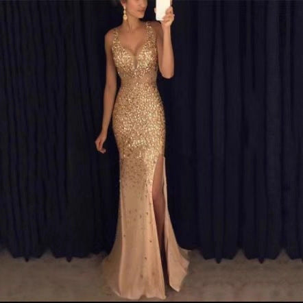 Damen Abendkleid Glitzer Pailletten Tiefes Eveloria