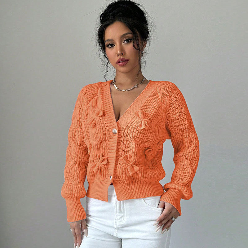 Damen Strickjacke Florales Reliefdesign Knöpfe Beige