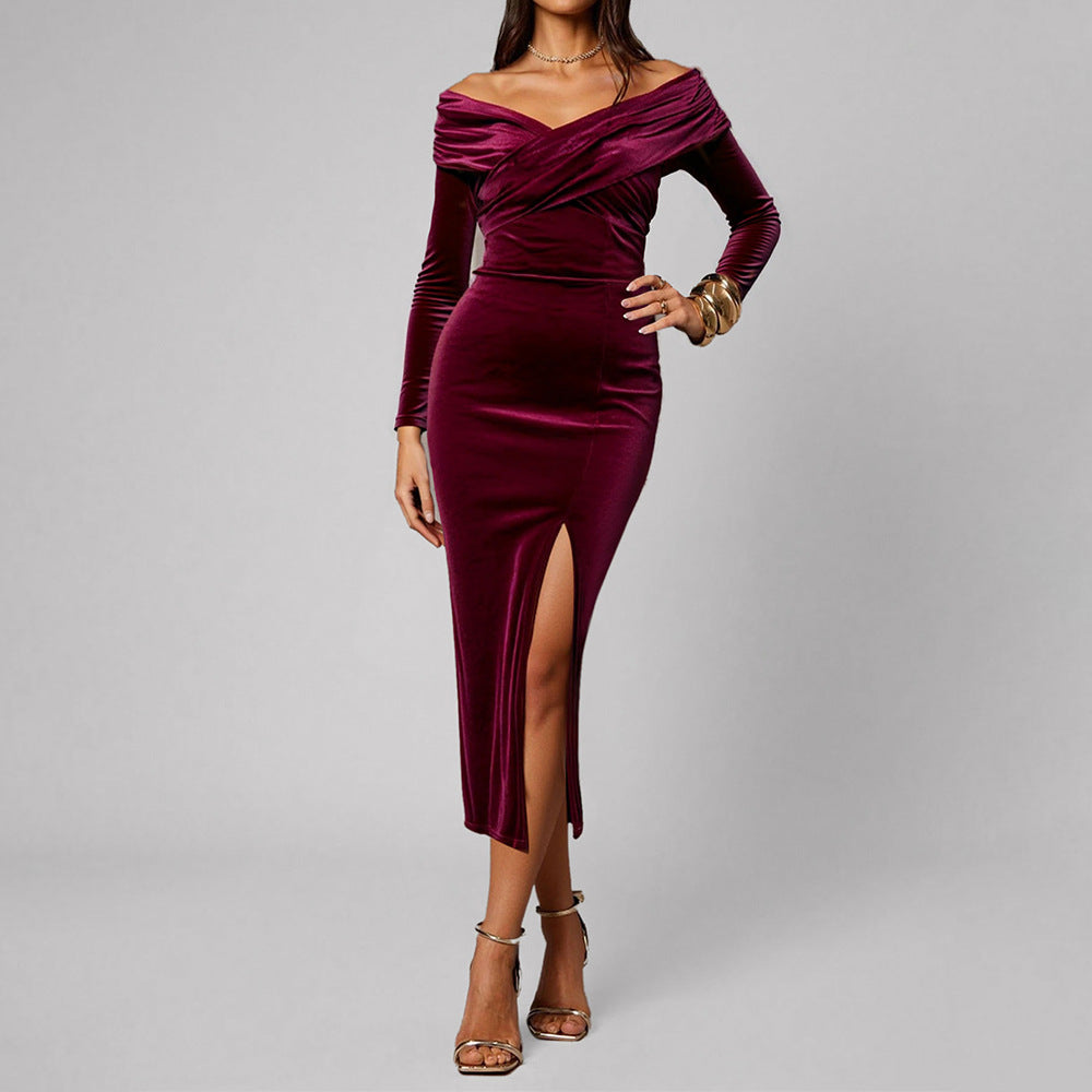 Damen Abendkleid Schulterfrei mit Seitenschlitz Eveloria